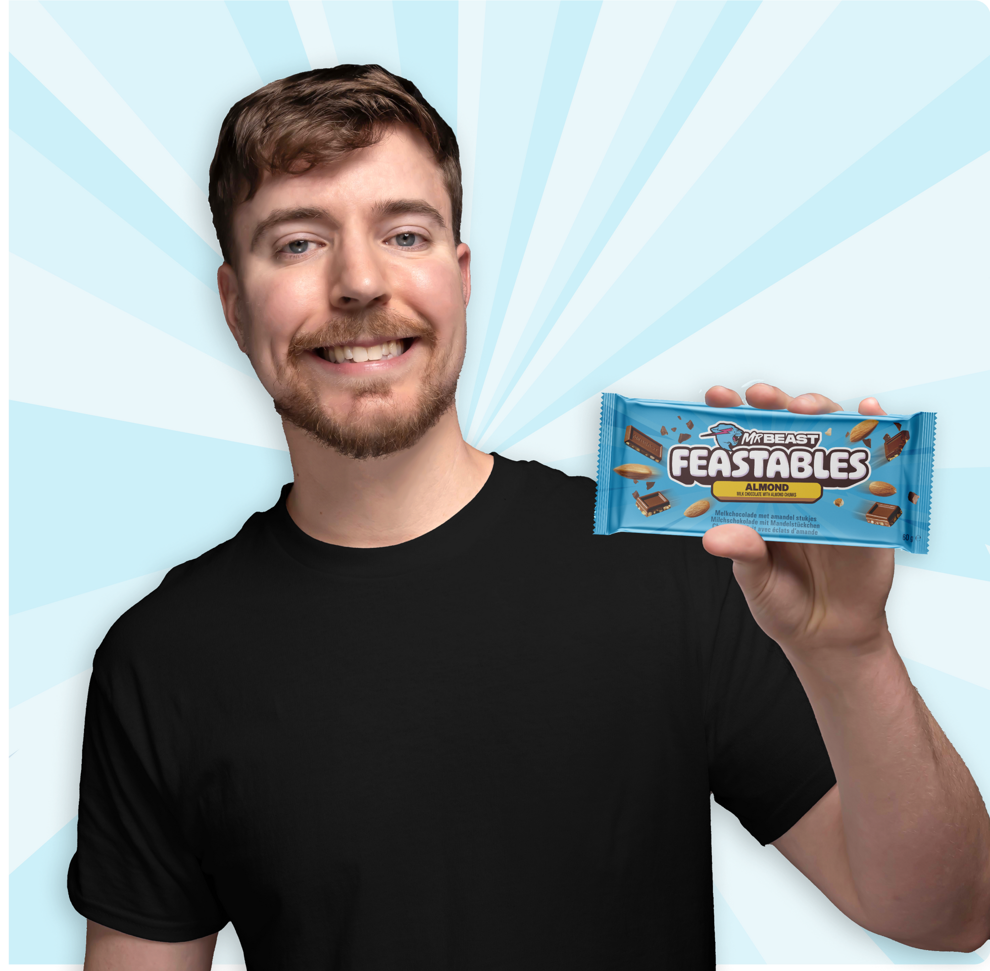 Mr.Beast, smiling,  holding an Almond Feastables Bar